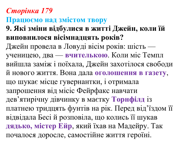 Сторінка 179, завдання 9 Відповідь до завдання 9 (с. 179) із зарубіжної літератури для 9 класу, Міляновська 2026: Ш. Бронте, «Джейн Ейр»
