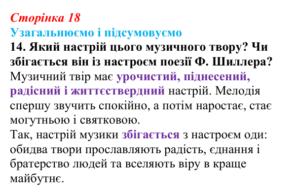 Сторінка 18, завдання 14 Відповідь до завдання 14 (с. 18) із зарубіжної літератури для 9 класу, Міляновська 2026: Ф. Шиллер, ода «До радості»