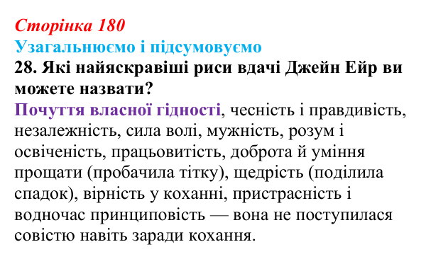 Відповідь до завдання 28 (с. 180) із зарубіжної літератури для 9 класу, Міляновська 2026: Ш. Бронте, «Джейн Ейр»