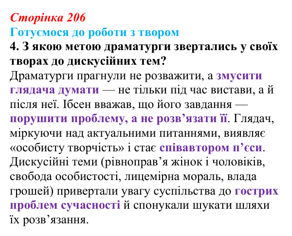 Сторінка 206, завдання 4 Відповідь до завдання 4 (с. 206) із зарубіжної літератури для 9 класу, Міляновська 2026: Г. Ібсен, драма «Ляльковий дім»
