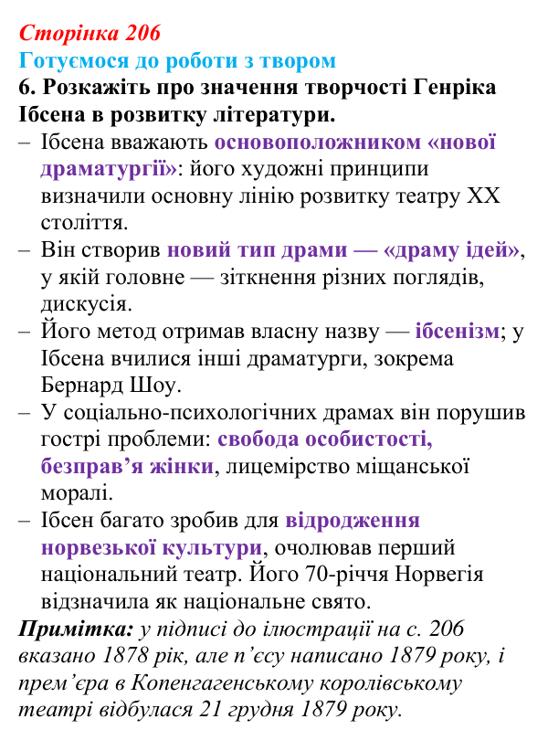 Відповідь до завдання 6 (с. 206) із зарубіжної літератури для 9 класу, Міляновська 2026: Г. Ібсен, драма «Ляльковий дім»