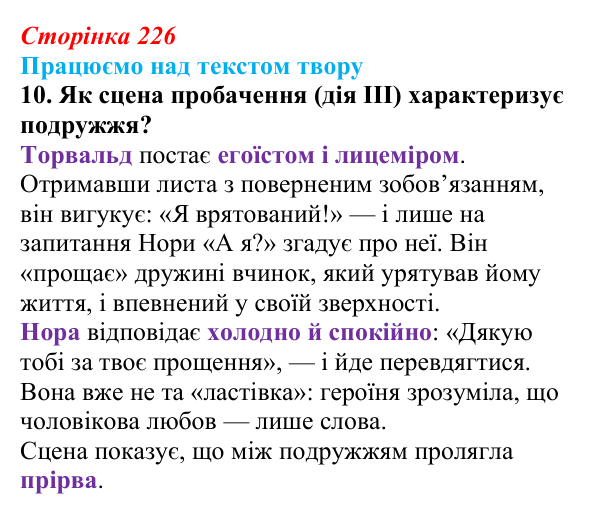 Відповідь до завдання 10 (с. 226) із зарубіжної літератури для 9 класу, Міляновська 2026: Г. Ібсен, драма «Ляльковий дім»
