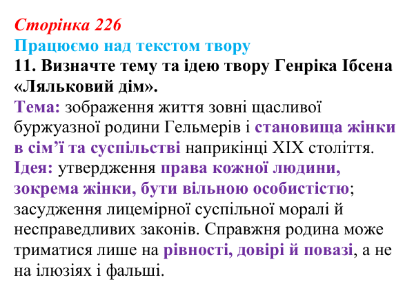 Відповідь до завдання 11 (с. 226) із зарубіжної літератури для 9 класу, Міляновська 2026: Г. Ібсен, драма «Ляльковий дім»