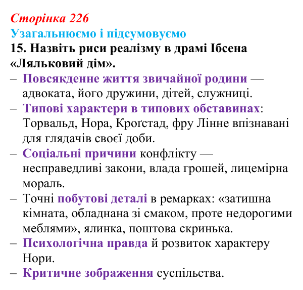 Відповідь до завдання 15 (с. 226) із зарубіжної літератури для 9 класу, Міляновська 2026: Г. Ібсен, драма «Ляльковий дім»