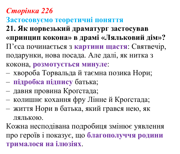 Сторінка 226, завдання 21 Відповідь до завдання 21 (с. 226) із зарубіжної літератури для 9 класу, Міляновська 2026: Г. Ібсен, драма «Ляльковий дім»