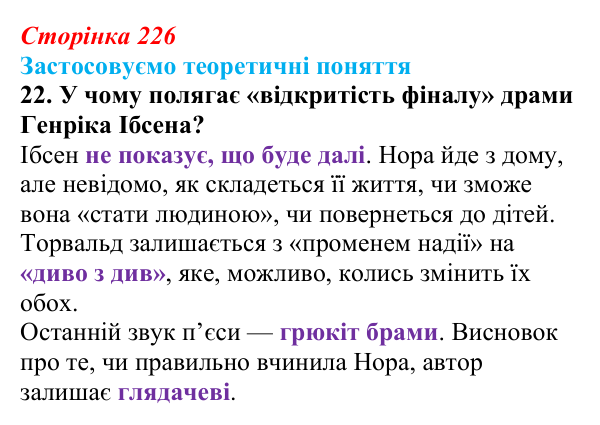 Сторінка 226, завдання 22 Відповідь до завдання 22 (с. 226) із зарубіжної літератури для 9 класу, Міляновська 2026: Г. Ібсен, драма «Ляльковий дім»