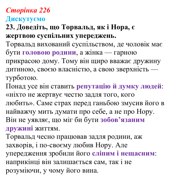 Відповідь до завдання 23 (с. 226) із зарубіжної літератури для 9 класу, Міляновська 2026: Г. Ібсен, драма «Ляльковий дім»