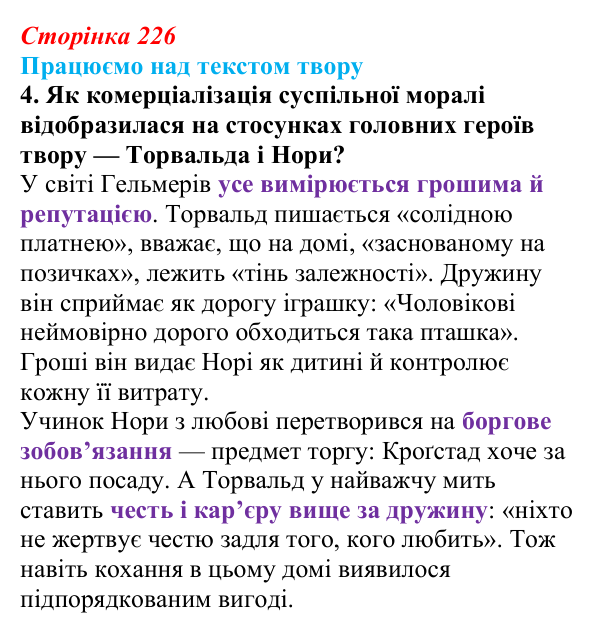 Сторінка 226, завдання 4 Відповідь до завдання 4 (с. 226) із зарубіжної літератури для 9 класу, Міляновська 2026: Г. Ібсен, драма «Ляльковий дім»