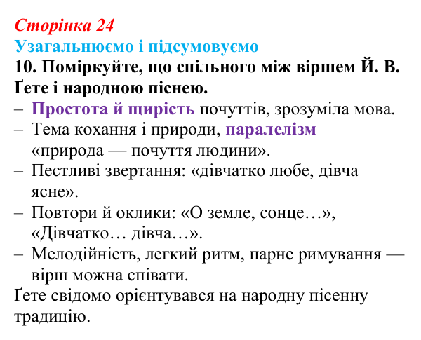 Сторінка 24, завдання 10 Відповідь до завдання 10 (с. 24) із зарубіжної літератури для 9 класу, Міляновська 2026: Й. В. Ґете, «Травнева пісня»