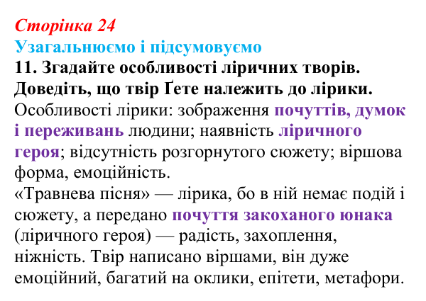 Сторінка 24, завдання 11 Відповідь до завдання 11 (с. 24) із зарубіжної літератури для 9 класу, Міляновська 2026: Й. В. Ґете, «Травнева пісня»