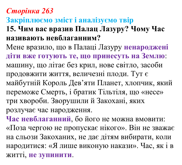 Сторінка 263, «Блакитний птах», завдання 15 Відповідь до завдання 15 твору за вибором (с. 263) із зарубіжної літератури для 9 класу, Міляновська 2026: М. Метерлінк...