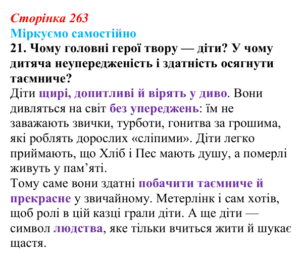 Відповідь до завдання 21 твору за вибором (с. 263) із зарубіжної літератури для 9 класу, Міляновська 2026: М. Метерлінк...