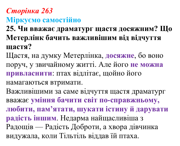 Відповідь до завдання 25 твору за вибором (с. 263) із зарубіжної літератури для 9 класу, Міляновська 2026: М. Метерлінк...