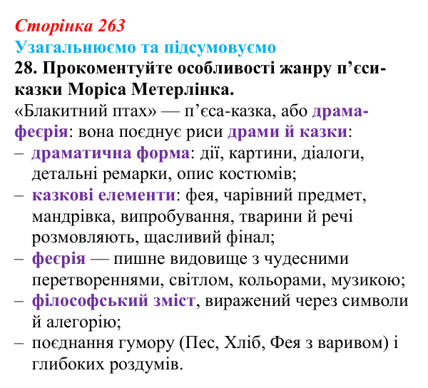 Відповідь до завдання 28 твору за вибором (с. 263) із зарубіжної літератури для 9 класу, Міляновська 2026: М. Метерлінк...