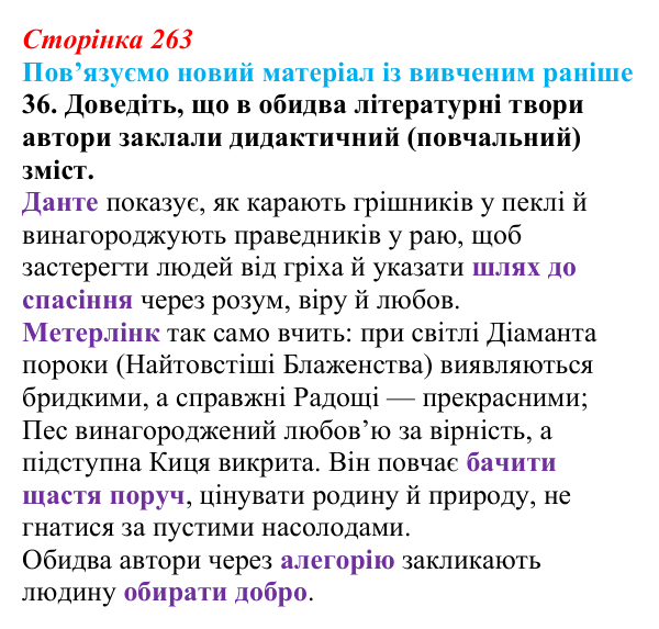 Відповідь до завдання 36 твору за вибором (с. 263) із зарубіжної літератури для 9 класу, Міляновська 2026: М. Метерлінк...