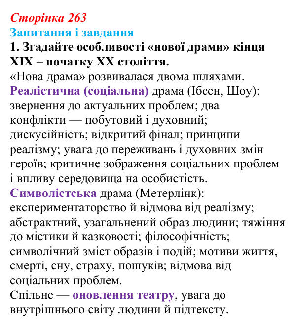 Сторінка 263, Метерлінк, завдання 1 Відповідь до завдання 1 твору за вибором (с. 263) із зарубіжної літератури для 9 класу, Міляновська 2026: М. Метерлінк...