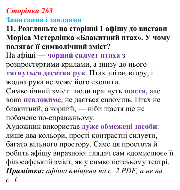 Сторінка 263, Метерлінк, завдання 11 Відповідь до завдання 11 твору за вибором (с. 263) із зарубіжної літератури для 9 класу, Міляновська 2026: М. Метерлінк...
