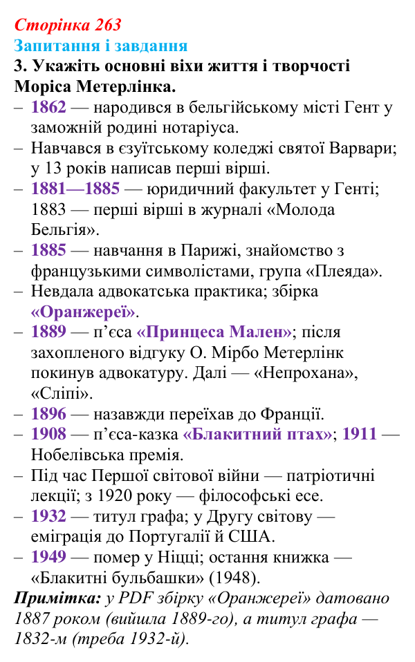 Сторінка 263, Метерлінк, завдання 3 Відповідь до завдання 3 твору за вибором (с. 263) із зарубіжної літератури для 9 класу, Міляновська 2026: М. Метерлінк...
