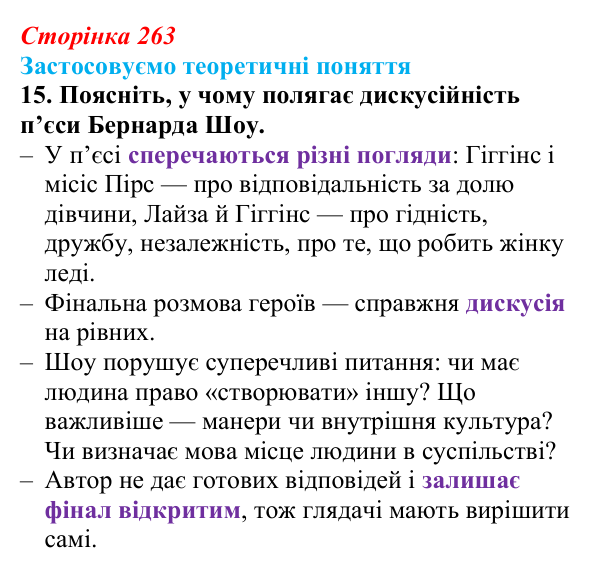 Сторінка 263, завдання 15 Відповідь до завдання 15 (с. 263) із зарубіжної літератури для 9 класу, Міляновська 2026: Б. Шоу, комедія «Пігмаліон»