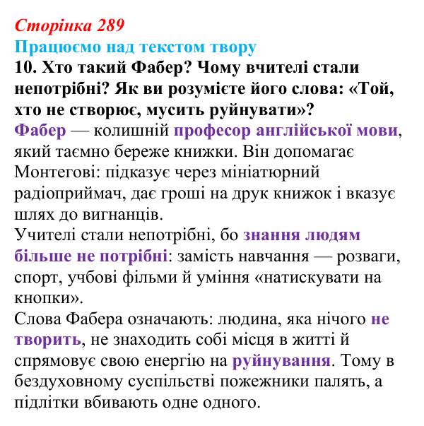 Сторінка 289, завдання 10 Відповідь до завдання 10 (с. 289) із зарубіжної літератури для 9 класу, Міляновська 2026: Р. Бредбері, роман «451°...