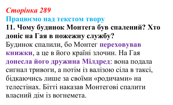 Сторінка 289, завдання 11 Відповідь до завдання 11 (с. 289) із зарубіжної літератури для 9 класу, Міляновська 2026: Р. Бредбері, роман «451°...