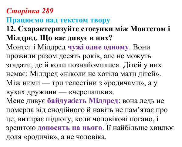 Сторінка 289, завдання 12 Відповідь до завдання 12 (с. 289) із зарубіжної літератури для 9 класу, Міляновська 2026: Р. Бредбері, роман «451°...