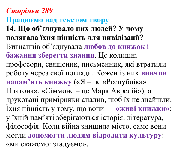 Відповідь до завдання 14 (с. 289) із зарубіжної літератури для 9 класу, Міляновська 2026: Р. Бредбері, роман «451°...