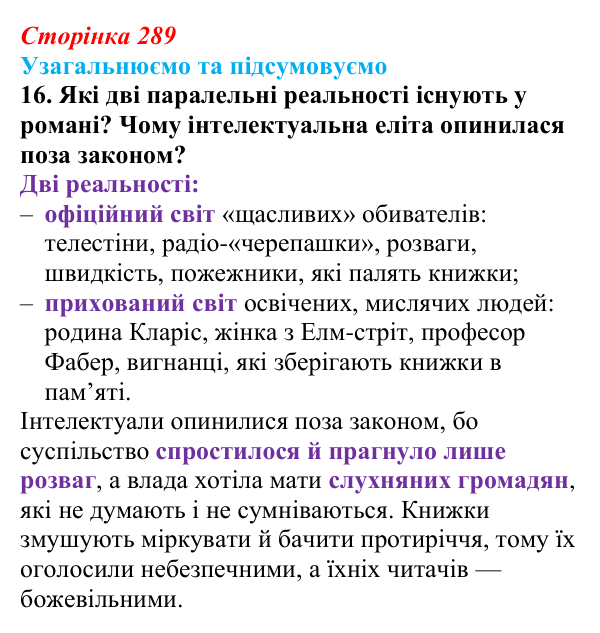 Сторінка 289, завдання 16 Відповідь до завдання 16 (с. 289) із зарубіжної літератури для 9 класу, Міляновська 2026: Р. Бредбері, роман «451°...