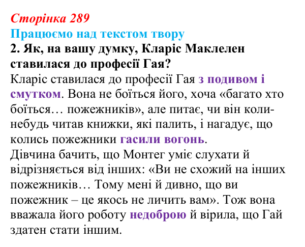 Сторінка 289, завдання 2 Відповідь до завдання 2 (с. 289) із зарубіжної літератури для 9 класу, Міляновська 2026: Р. Бредбері, роман «451°...