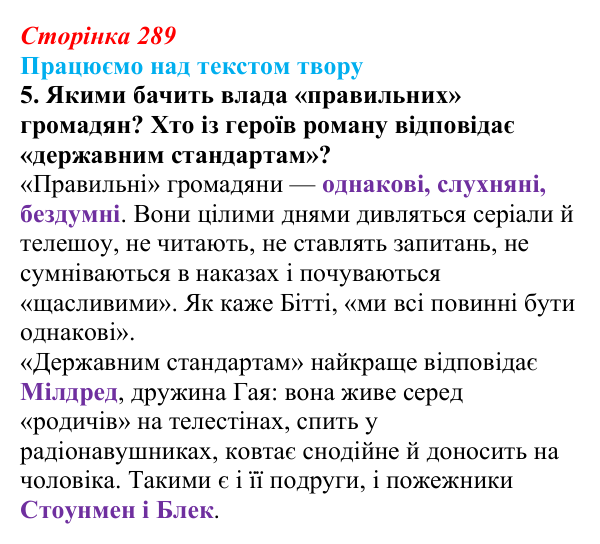 Відповідь до завдання 5 (с. 289) із зарубіжної літератури для 9 класу, Міляновська 2026: Р. Бредбері, роман «451°...