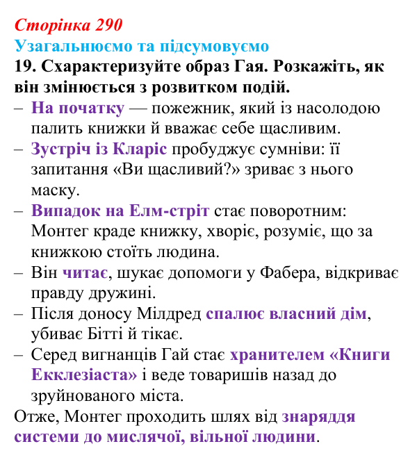 Сторінка 290, завдання 19 Відповідь до завдання 19 (с. 290) із зарубіжної літератури для 9 класу, Міляновська 2026: Р. Бредбері, роман «451°...