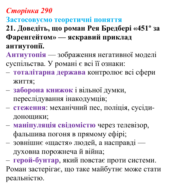 Відповідь до завдання 21 (с. 290) із зарубіжної літератури для 9 класу, Міляновська 2026: Р. Бредбері, роман «451°...