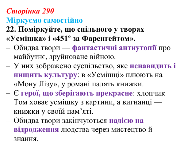 Відповідь до завдання 22 (с. 290) із зарубіжної літератури для 9 класу, Міляновська 2026: Р. Бредбері, роман «451°...