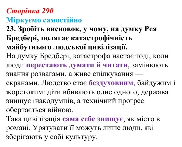 Сторінка 290, завдання 23 Відповідь до завдання 23 (с. 290) із зарубіжної літератури для 9 класу, Міляновська 2026: Р. Бредбері, роман «451°...