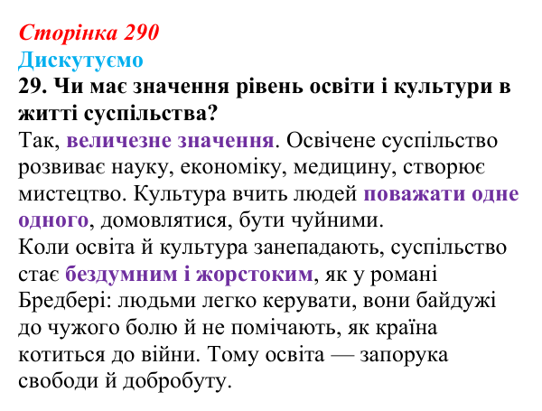 Сторінка 290, завдання 29 Відповідь до завдання 29 (с. 290) із зарубіжної літератури для 9 класу, Міляновська 2026: Р. Бредбері, роман «451°...