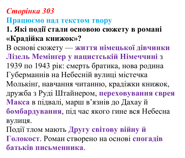 Відповідь до завдання 1 (с. 303) із зарубіжної літератури для 9 класу, Міляновська 2026: М. Зузак, роман «Крадійка книжок»
