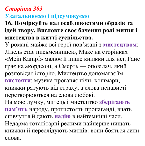 Сторінка 303, завдання 16 Відповідь до завдання 16 (с. 303) із зарубіжної літератури для 9 класу, Міляновська 2026: М. Зузак, роман «Крадійка книжок»