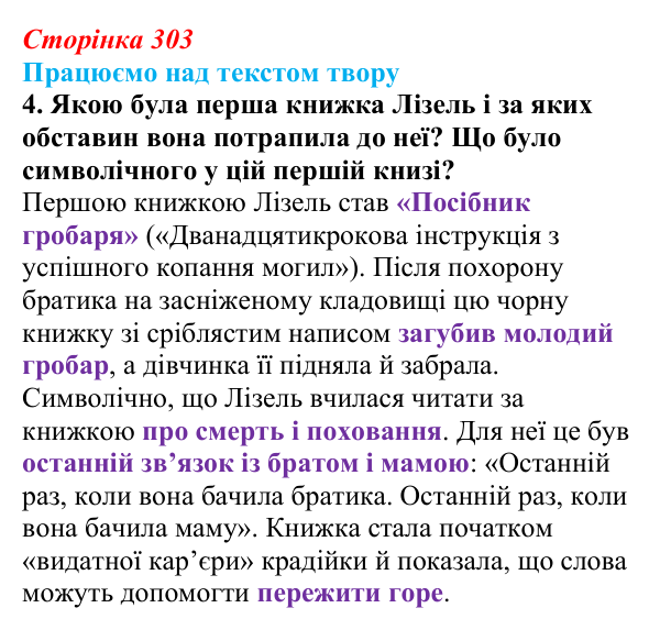 Сторінка 303, завдання 4 Відповідь до завдання 4 (с. 303) із зарубіжної літератури для 9 класу, Міляновська 2026: М. Зузак, роман «Крадійка книжок»