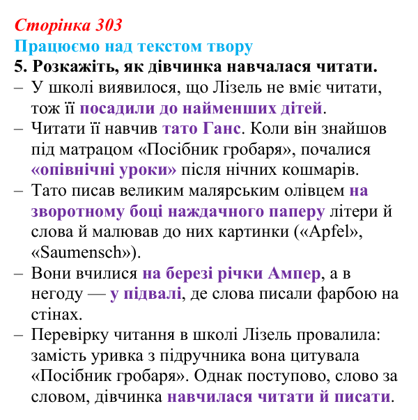 Сторінка 303, завдання 5 Відповідь до завдання 5 (с. 303) із зарубіжної літератури для 9 класу, Міляновська 2026: М. Зузак, роман «Крадійка книжок»