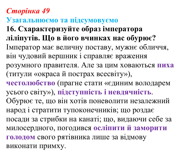 Відповідь до завдання 16 (с. 49) із зарубіжної літератури для 9 класу, Міляновська 2026: Дж. Свіфт, «Мандри Лемюеля...