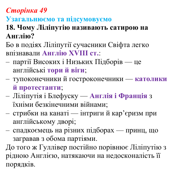 Сторінка 49, завдання 18 Відповідь до завдання 18 (с. 49) із зарубіжної літератури для 9 класу, Міляновська 2026: Дж. Свіфт, «Мандри Лемюеля...