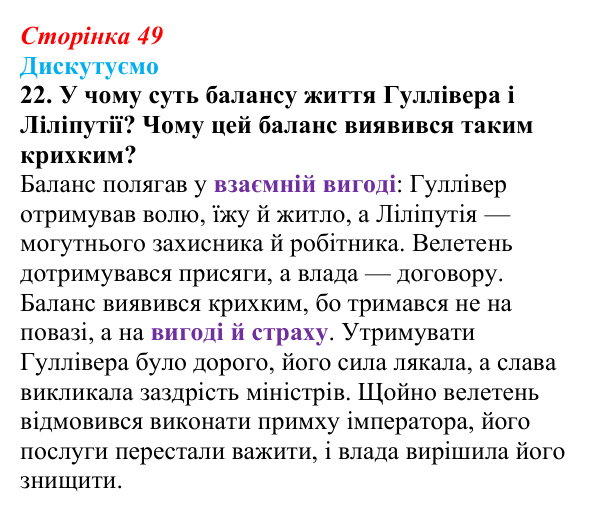 Сторінка 49, завдання 22 Відповідь до завдання 22 (с. 49) із зарубіжної літератури для 9 класу, Міляновська 2026: Дж. Свіфт, «Мандри Лемюеля...
