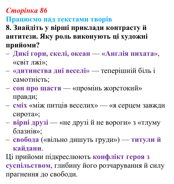 Сторінка 86, завдання 8 Відповідь до завдання 8 (с. 86) із зарубіжної літератури для 9 класу, Міляновська 2026: Дж. Г. Байрон, «Мазепа»