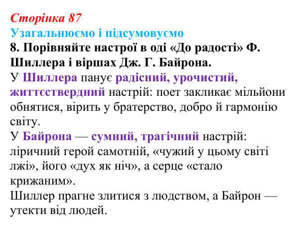 Сторінка 87, завдання 8 Відповідь до завдання 8 (с. 87) із зарубіжної літератури для 9 класу, Міляновська 2026: Дж. Г. Байрон, «Мазепа»