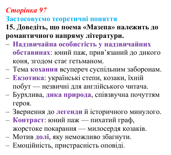 Сторінка 97, завдання 15 Відповідь до завдання 15 (с. 97) із зарубіжної літератури для 9 класу, Міляновська 2026: Дж. Г. Байрон, «Мазепа»