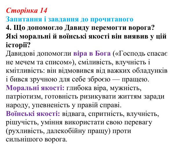 Сторінка 14, завдання 4 Відповідь до завдання 4 (с. 14) із зарубіжної літератури для 9 класу, Волощук 2026: Давид — цар, воїн і співець