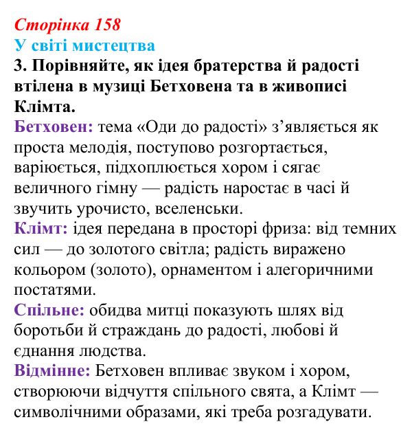 Відповідь до завдання 3 (с. 158) із зарубіжної літератури для 9 класу, Волощук 2026: Ф. Шиллер, «Ода до радості»