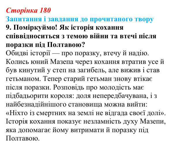 Сторінка 180, завдання 9 Відповідь до завдання 9 (с. 180) із зарубіжної літератури для 9 класу, Волощук 2026: Дж. Г. Байрон, «Мазепа»