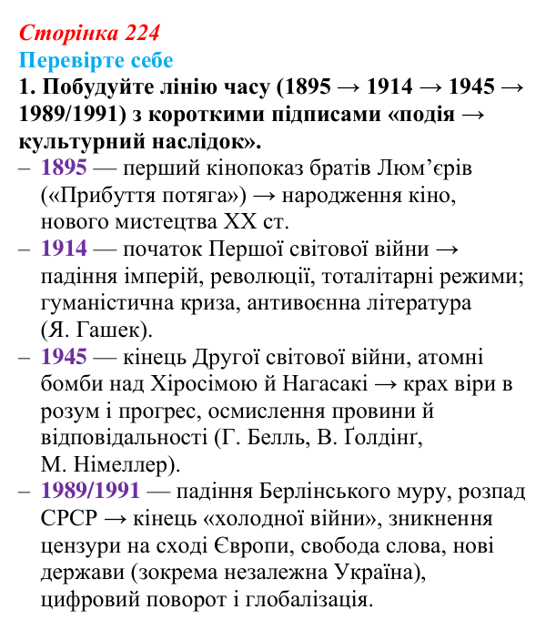 Сторінка 224, завдання 1 Відповідь до завдання 1 (с. 224) із зарубіжної літератури для 9 класу, Волощук 2026: Література й виклики ХХ та ХХІ століть