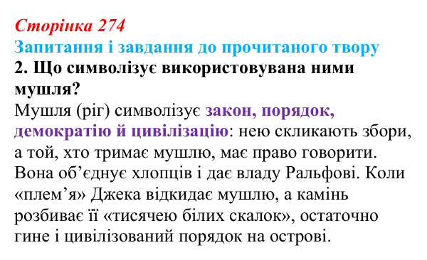 Сторінка 274, завдання 2 Відповідь до завдання 2 (с. 274) із зарубіжної літератури для 9 класу, Волощук 2026: В. Ґолдінґ, «Володар мух»